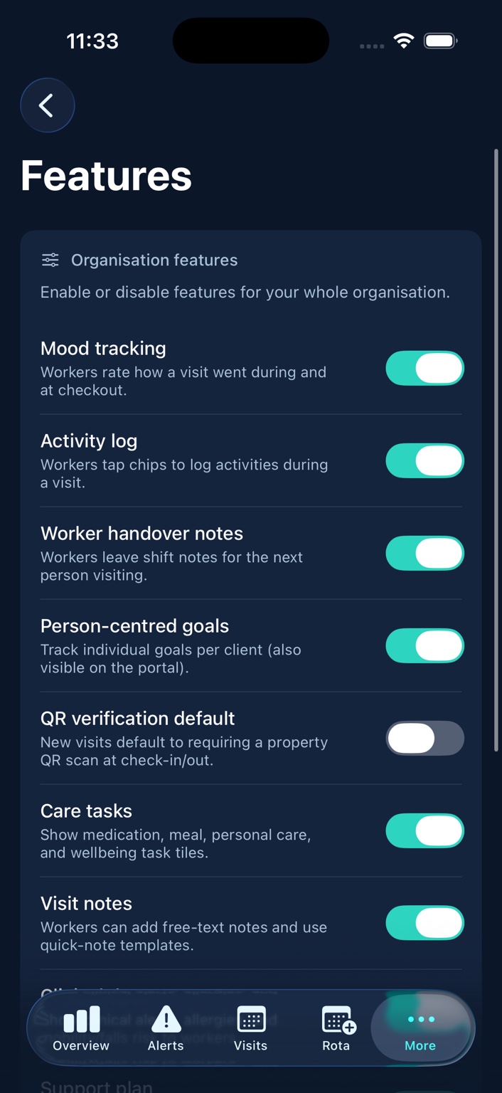 SaferVisit Features organisation settings screen