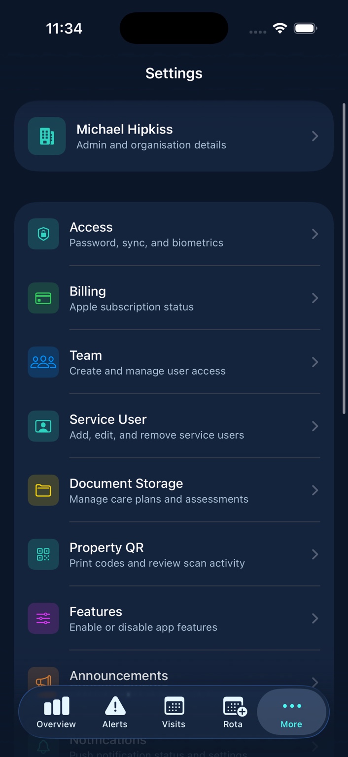 SaferVisit Settings menu screen