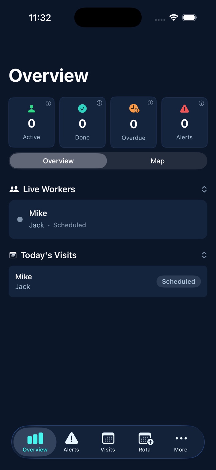 SaferVisit Overview active visit screen
