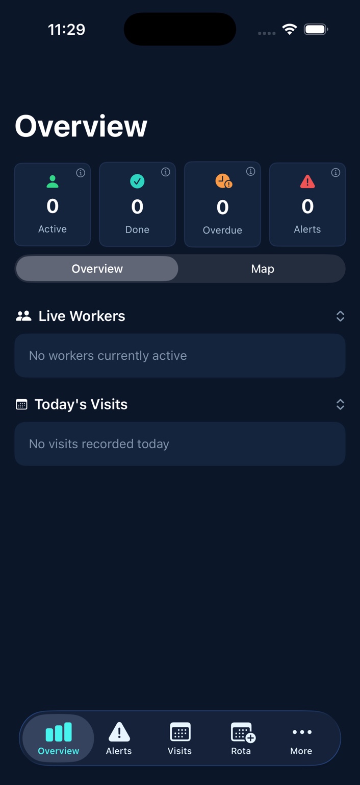 SaferVisit Overview empty state screen