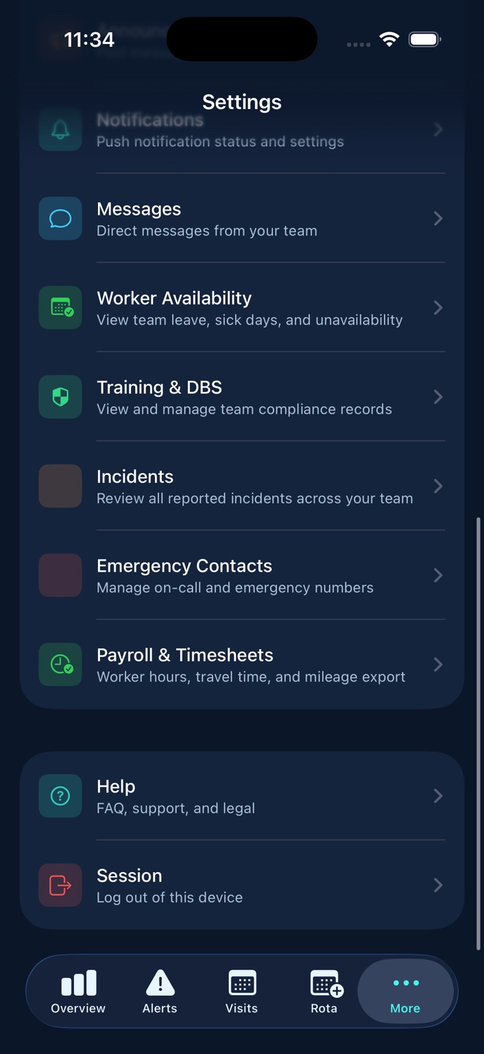 SaferVisit Settings support menu screen