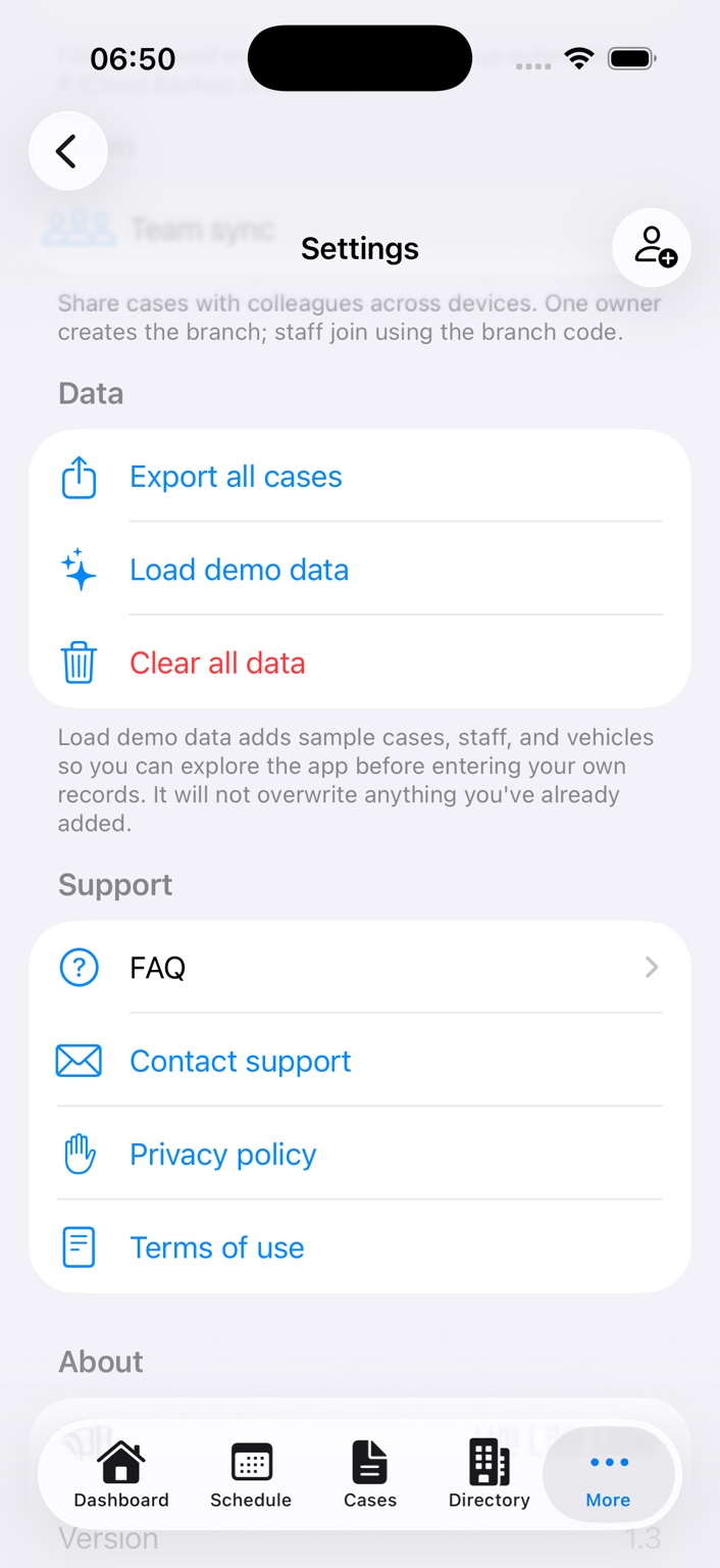 The Last Desk Settings data and support screen