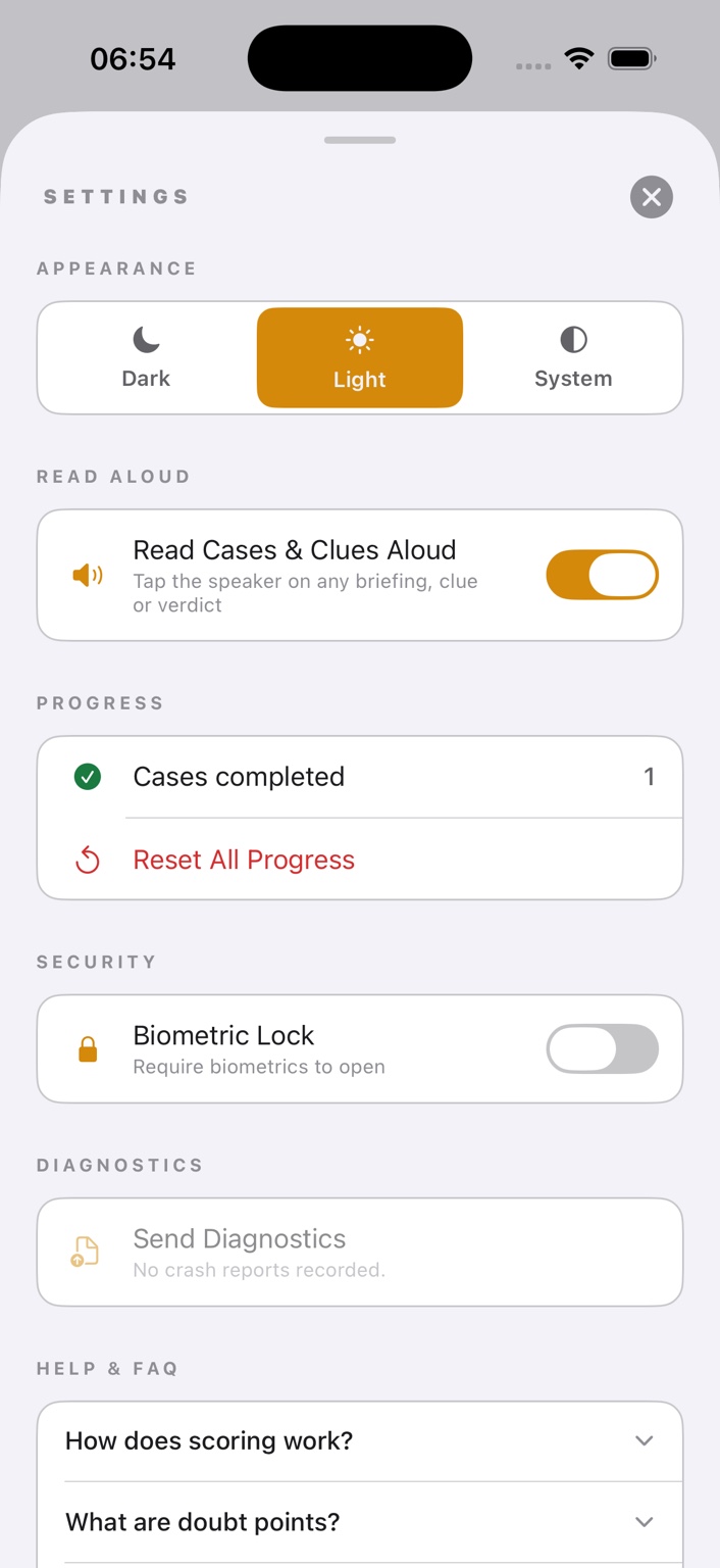 TrueDoubt light settings screen