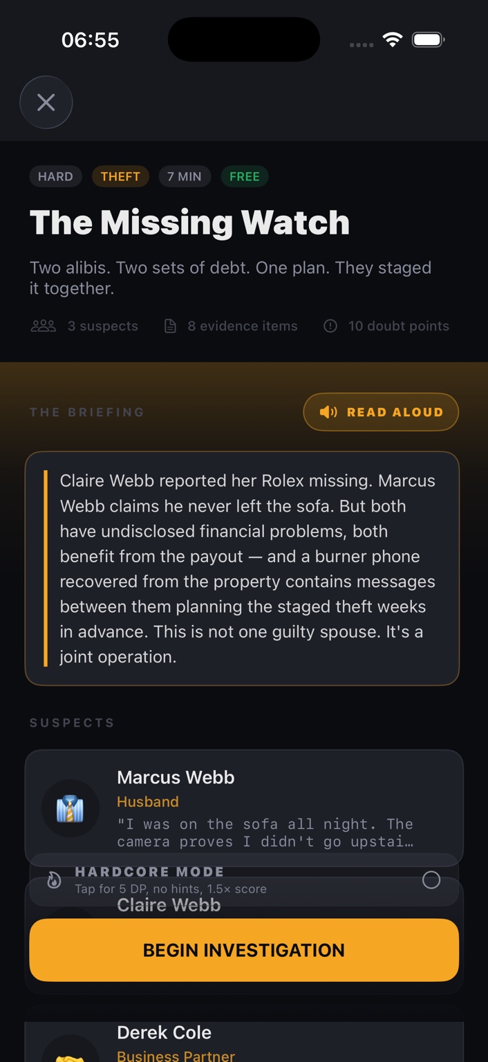 TrueDoubt case briefing screen