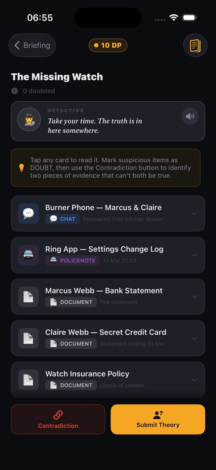 TrueDoubt investigation evidence list screen