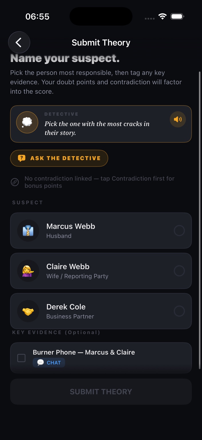 TrueDoubt submit theory screen