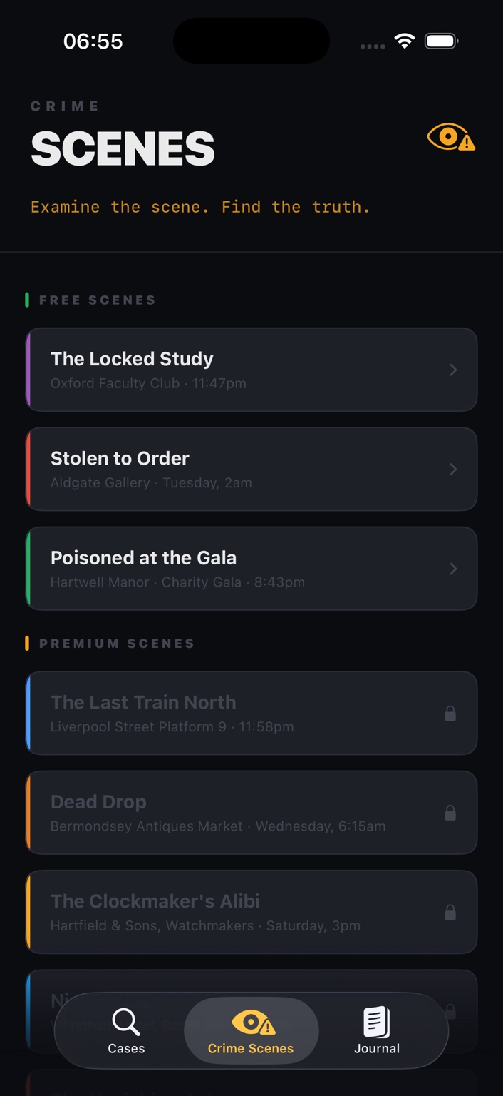 TrueDoubt crime scenes list screen
